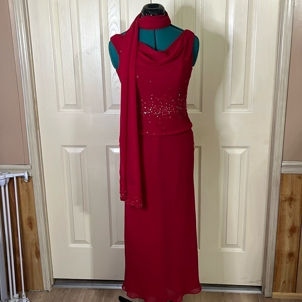Michaelangelo Elegant Red Beaded Top and Shawl, formal dress(210)